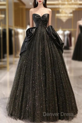 Ball Gown Black Sweetheart Neck Satin Tulle Long Prom Dresses