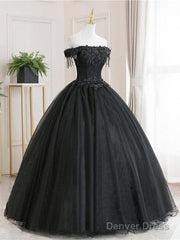 Ball Gown Black Tulle Off The Shoulder Prom Dress Evening Dress