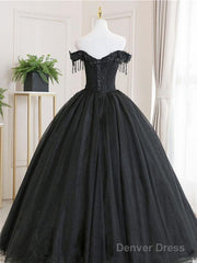 Ball Gown Black Tulle Off The Shoulder Prom Dress Evening Dress