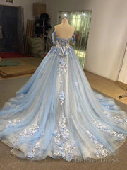 Ball Gown Blue Prom Dresses Lace Tulle Off Shoulder Evening Party Dress