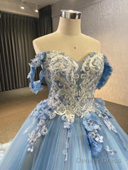 Ball Gown Blue Prom Dresses Lace Tulle Off Shoulder Evening Party Dress