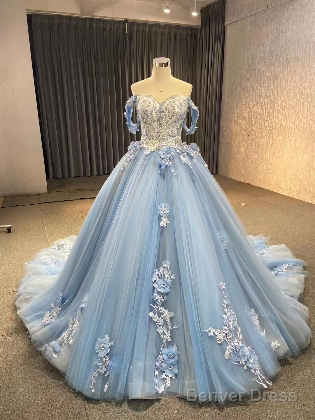 Ball Gown Blue Prom Dresses Lace Tulle Off Shoulder Evening Party Dres