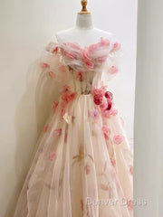 Ball Gown Champagne Floral Prom Dresses Long Party Dresses