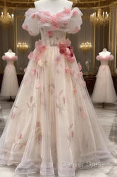 Ball Gown Champagne Floral Prom Dresses Long Party Dresses