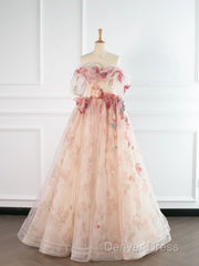 Ball Gown Champagne Tulle Floral Prom Dresses