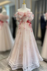 Ball Gown Champagne Tulle Floral Prom Dresses