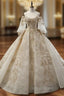 Ball Gown Champagne Tulle Gold Lace Appliques Ruff Sleeve Wedding Dresses