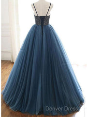 Ball Gown Deep Blue Tulle Prom Dresses Evening Dresses With Beading,
