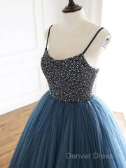 Ball Gown Deep Blue Tulle Prom Dresses Evening Dresses With Beading,