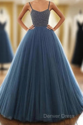 Ball Gown Deep Blue Tulle Prom Dresses Evening Dresses With Beading,