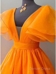 Ball Gown Evening Gown Celebrity Style Dresses Wedding Party Dresses Floor Length Short Sleeve V Neck Fall Wedding Guest Organza With Pleats Ruffles