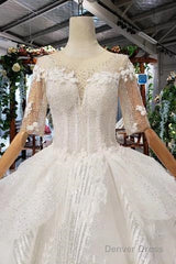 Ball Gown Half Sleeves Lace Bridal Dress With Sequins, Princess Long Wedding Dress