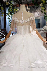 Ball Gown Half Sleeves Lace Bridal Dress With Sequins, Princess Long Wedding Dress