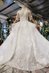 Ball Gown Half Sleeves Lace Bridal Dress With Sequins, Princess Long Wedding Dress