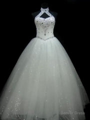 Ball-Gown Halter Beading Floor-Length Tulle Wedding Dress