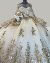 Ball Gown Long Sleeve Quinceanera Dresses With Gold Lace