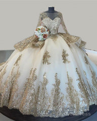 Ball Gown Long Sleeve Quinceanera Dresses With Gold Lace