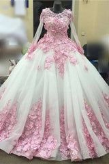 Ball Gown Long Sleeve Tulle Prom Flowers Wedding Dresses