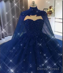 Ball Gown Navy Blue Tulle Lace Crystals Quinceanera Dresses With Cape