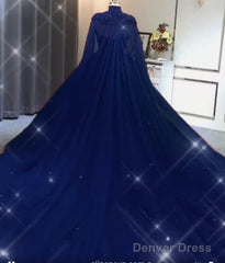 Ball Gown Navy Blue Tulle Lace Crystals Quinceanera Dresses With Cape