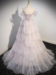 Ball Gown Off Shoulder Tulle Sequin Light Pink Long Prom Dresses