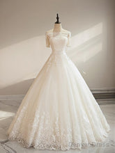 Ball-Gown Off-The-Shoulder 1/2 Sleeves Appliques Lace Floor-Length Tulle Wedding Dress