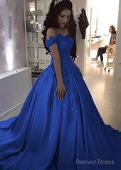 Ball Gown Off-the-Shoulder Sleeveless Sweep Train Satin Prom Dresses With Appliqued Beading