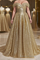 Ball Gown Off-the-Shoulder Sweep Train Sequins Prom Dresses With Lace