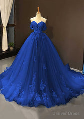 Ball Gown Off-the-Shoulder Sweep Train Tulle Prom Dresses With Appliqued