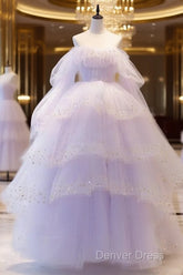 Ball Gown Off The Shoulder Tulle Lilac Prom Dresses Evening Dresses