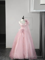 Ball Gown One Shoulder Pink Tulle Prom Dresses Evening Dress