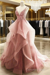 Ball Gown Pink Floor Length Sleeveless Lace Prom Dresses