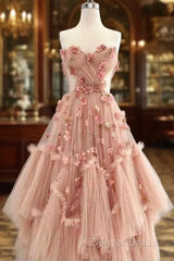 Ball Gown Pink Sweetheart Floor Length Sleeveless Lace Prom Dresses