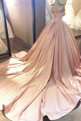 Ball Gown Pink Sweetheart Lace Prom Formal Dresses With Court Train