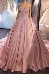 Ball Gown Pink Sweetheart Lace Prom Formal Dresses With Court Train