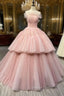 Ball Gown Pink Tulle Strapless Long Prom Evening Dresses, Pink Sweet 16 Dresses