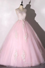 Ball Gown Pink V-Neck Prom Dresses Tulle Applique Long Evening Dresses