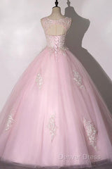 Ball Gown Pink V-Neck Prom Dresses Tulle Applique Long Evening Dresses