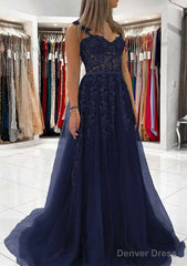 Ball Gown Princess Sweetheart Tulle Sweep Train Prom Dresses With Appliqued Lace