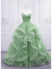 Ball Gown Prom Dresses Glittering Dresses Formal Floor Length Sleeveless V Neck Tulle With Glitter Ruffles