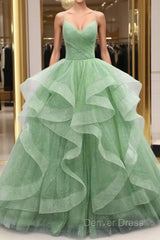 Ball Gown Prom Dresses Glittering Dresses Formal Floor Length Sleeveless V Neck Tulle With Glitter Ruffles
