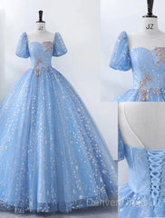 Ball Gown Quinceanera Dresses Princess Dresses Performance Sweet 16 Floor Length Short Sleeve Square Neck Polyester With Pearls Appliques