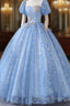 Ball Gown Quinceanera Dresses Princess Dresses Performance Sweet 16 Floor Length Short Sleeve Square Neck Polyester With Pearls Appliques