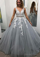 Ball Gown Sleeveless Long/Floor-Length Tulle Prom Dresses With Lace Appliqued Beading