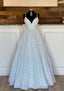 Ball Gowns Sleeveless V Neck Long Floor Length Sequined Sparkling Prom Dresses With Pleated