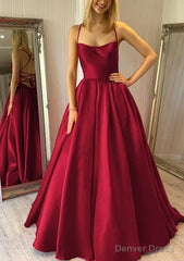 Ball Gown Square Neckline Sleeveless Satin Sweep Train Prom Dresses With Pleated Pockets