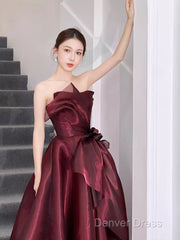 Ball Gown Strapless Burgundy Organza Prom Dresses Evening Dresses