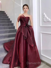 Ball Gown Strapless Burgundy Organza Prom Dresses Evening Dresses