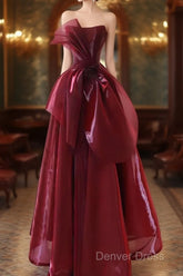 Ball Gown Strapless Burgundy Organza Prom Dresses Evening Dresses