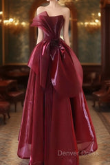 Ball Gown Strapless Burgundy Organza Prom Dresses Evening Dresses